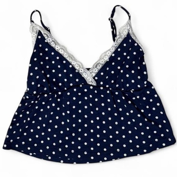 Brandy Melville Tops - Navy Polka Dot Lace Babydoll Cami XS Coquette Preppy Brandy Cute Balletcore Y2K